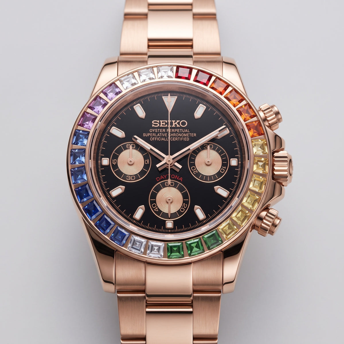 Tona Mod – Rose Gold · Rainbow Bezel · Black Dial – 40mm – Chronograph – dial detail