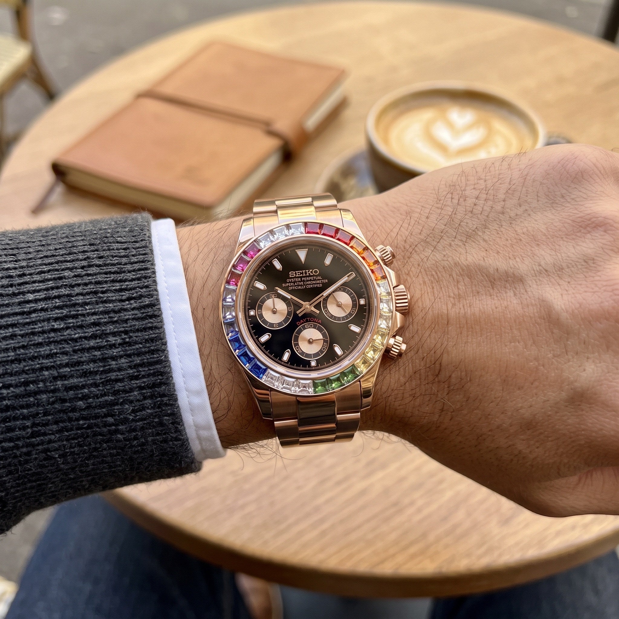 Tona Mod – Rose Gold · Rainbow Bezel · Black Dial – 40mm – Chronograph – on-wrist view