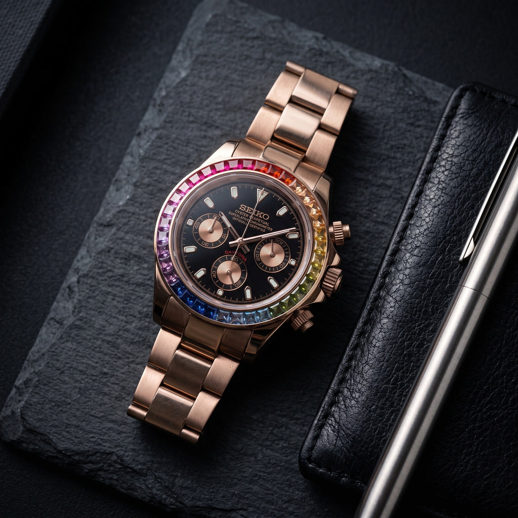 Tona Mod – Rose Gold · Rainbow Bezel · Black Gold Dial – 40mm – Chronograph – lifestyle flat lay