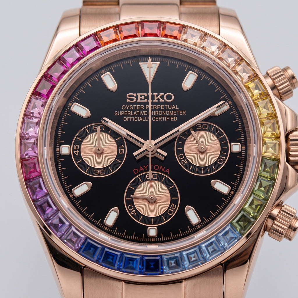 Tona Mod – Rose Gold · Rainbow Bezel · Black Gold Dial – 40mm – Chronograph – dial detail