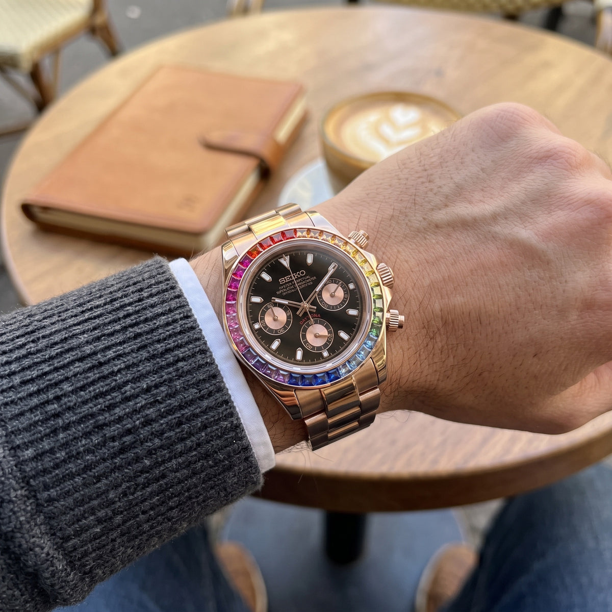 Tona Mod – Rose Gold · Rainbow Bezel · Black Gold Dial – 40mm – Chronograph – on-wrist view
