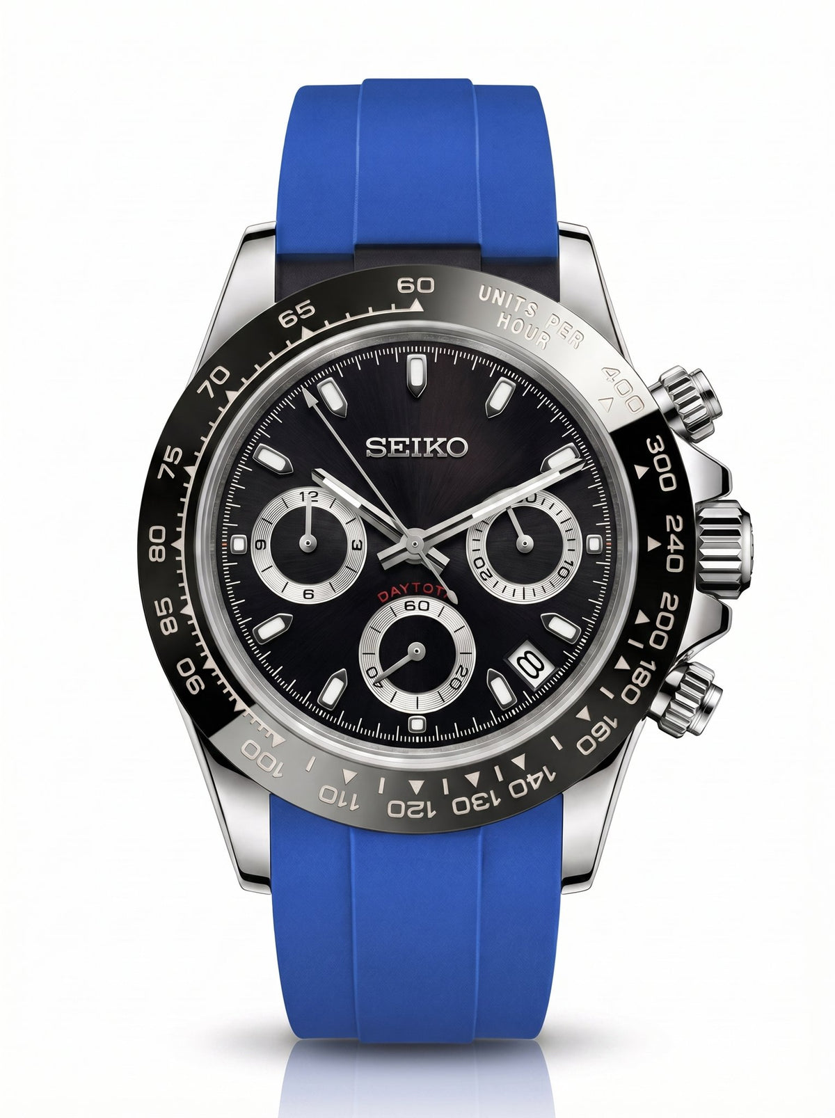 Tona Mod – Steel · Black Dial · Blue Rubber – 40mm – Chronograph — with Seiko logo