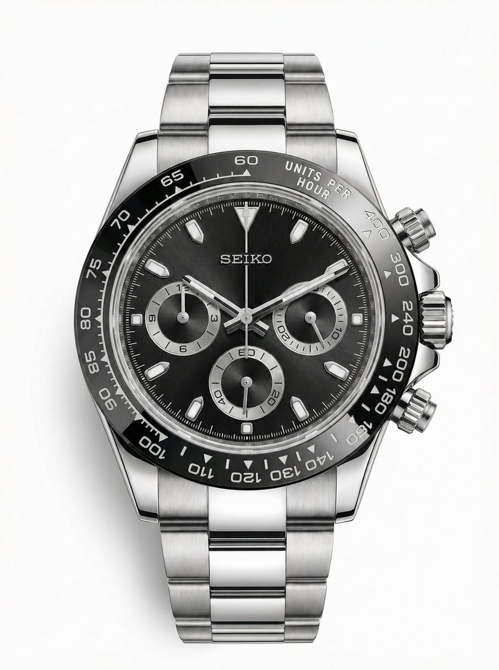 Tona Mod – Steel · Black Dial II – 40mm – Chronograph — with Seiko logo