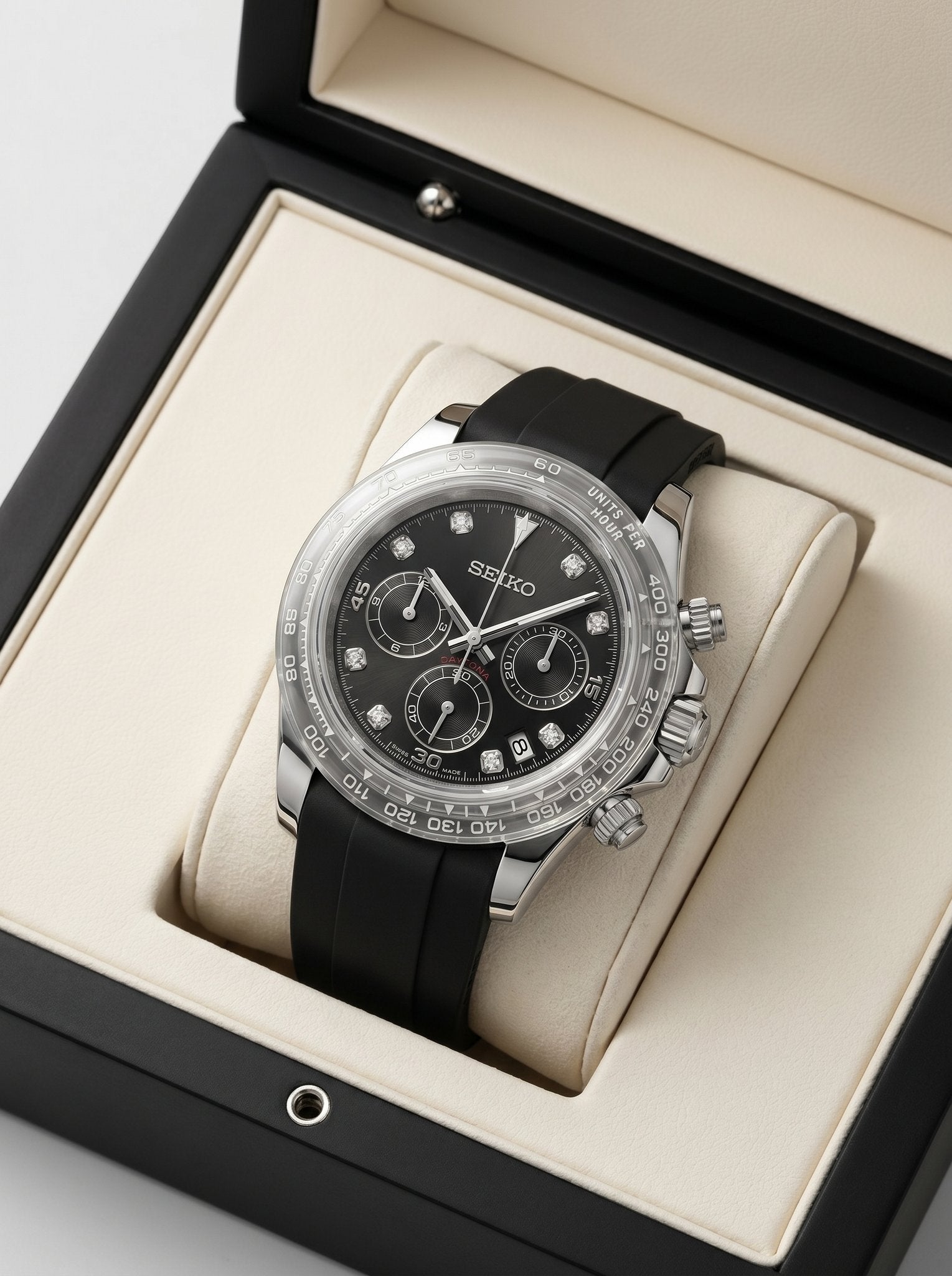 Tona Mod – Steel · Black Diamond Dial · Rubber – 40mm – Chronograph - in presentation box