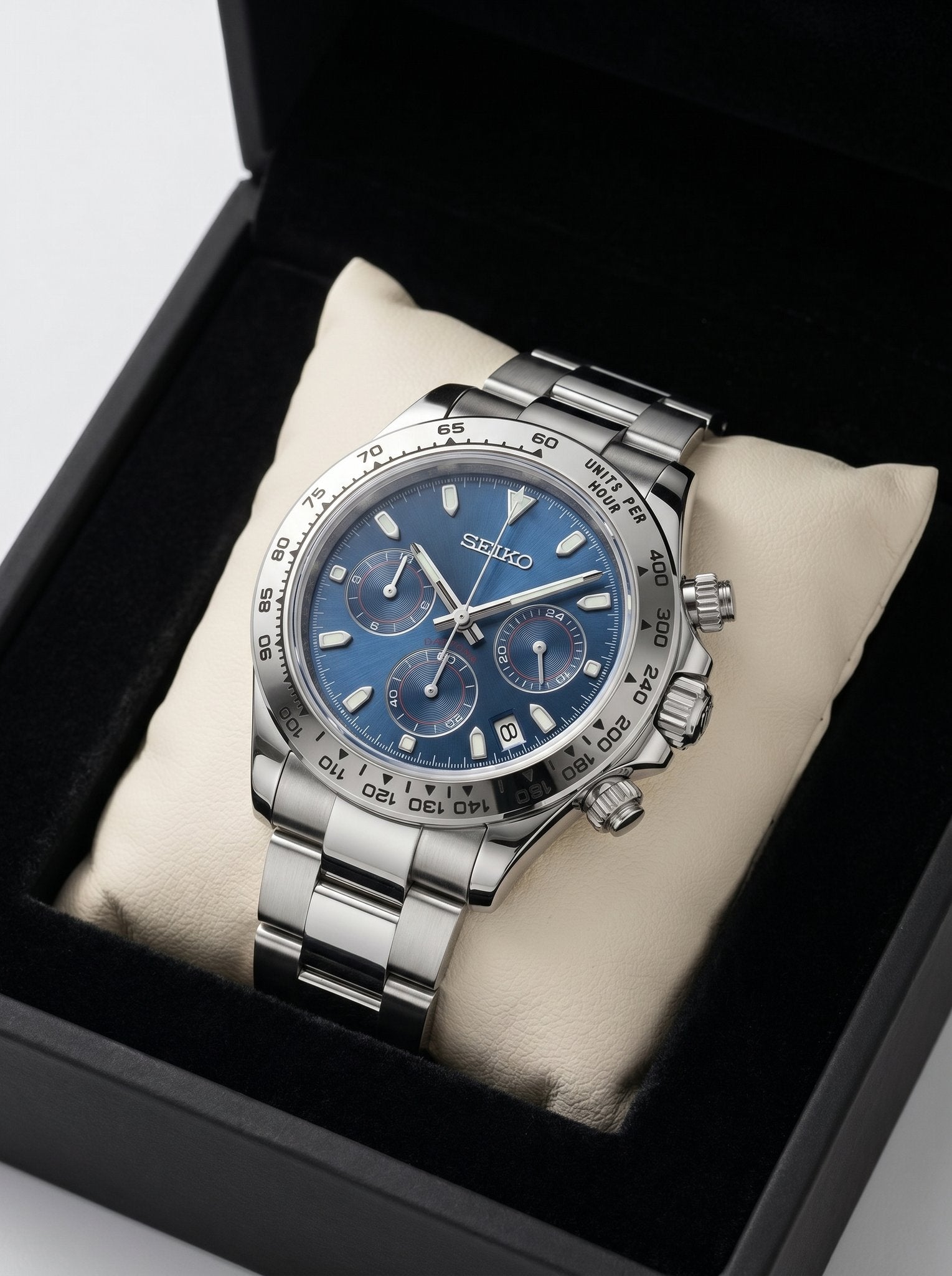 Tona Mod – Steel · Blue Dial · Diamond Bezel – 40mm – Chronograph - in presentation box