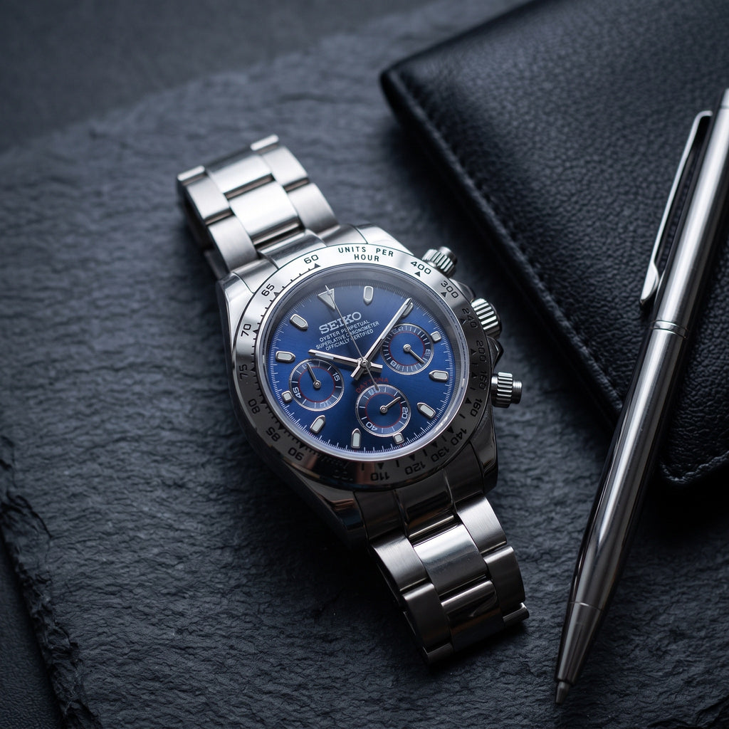 Tona Mod – Steel · Blue Dial · Diamond Bezel – 40mm – Chronograph – lifestyle flat lay