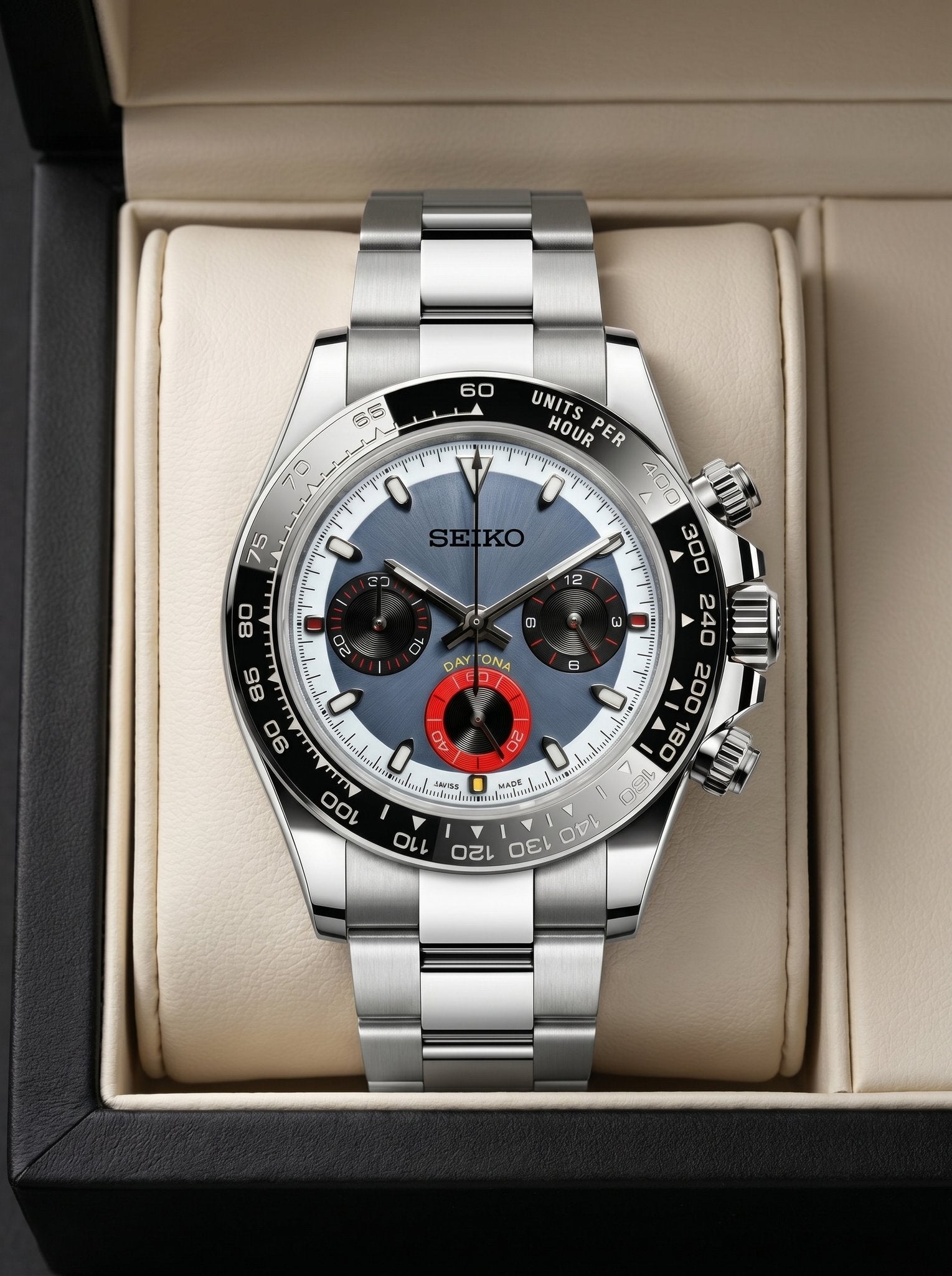Tona Mod – Steel · Blue Dial Red Accents – 40mm – Chronograph - in presentation box