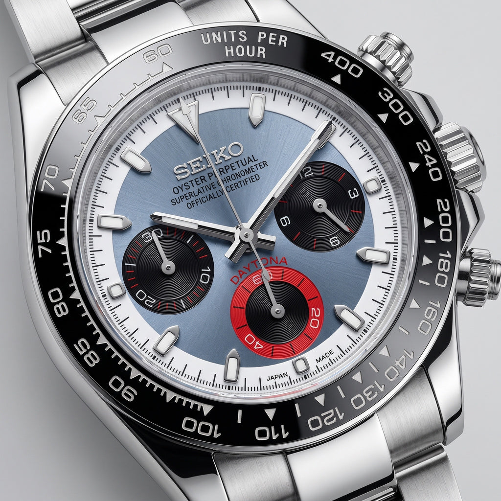 Tona Mod – Steel · Blue Dial Red Accents – 40mm – Chronograph – dial detail
