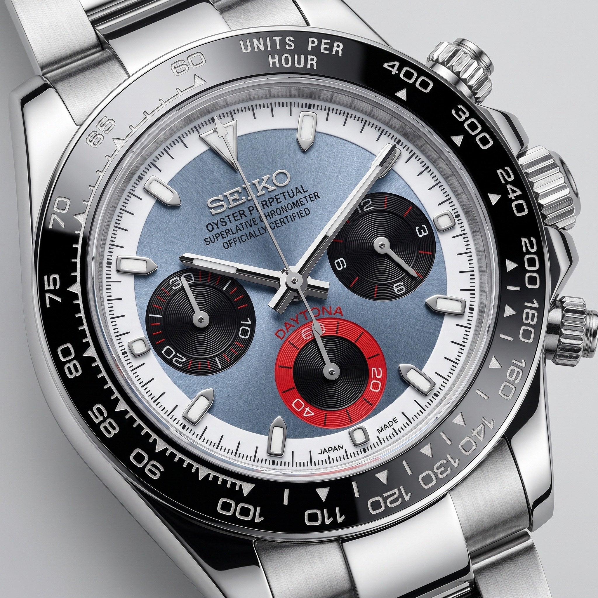 Tona Mod – Steel · Blue Dial Red Accents – 40mm – Chronograph – dial detail