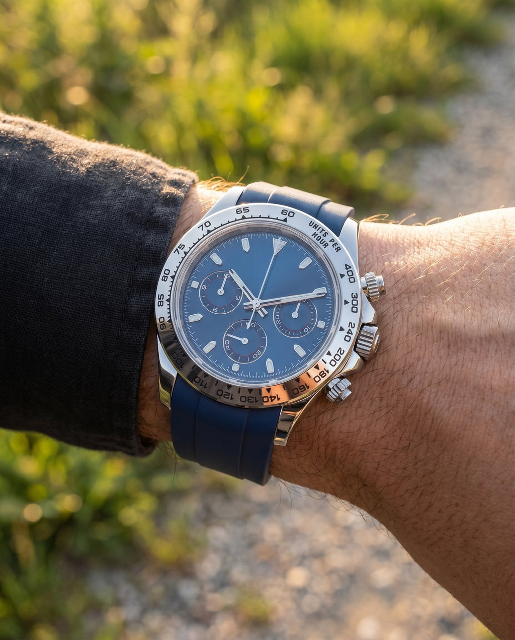 Tona Mod – Steel · Blue Dial · Rubber – 40mm – Chronograph - on-wrist lifestyle
