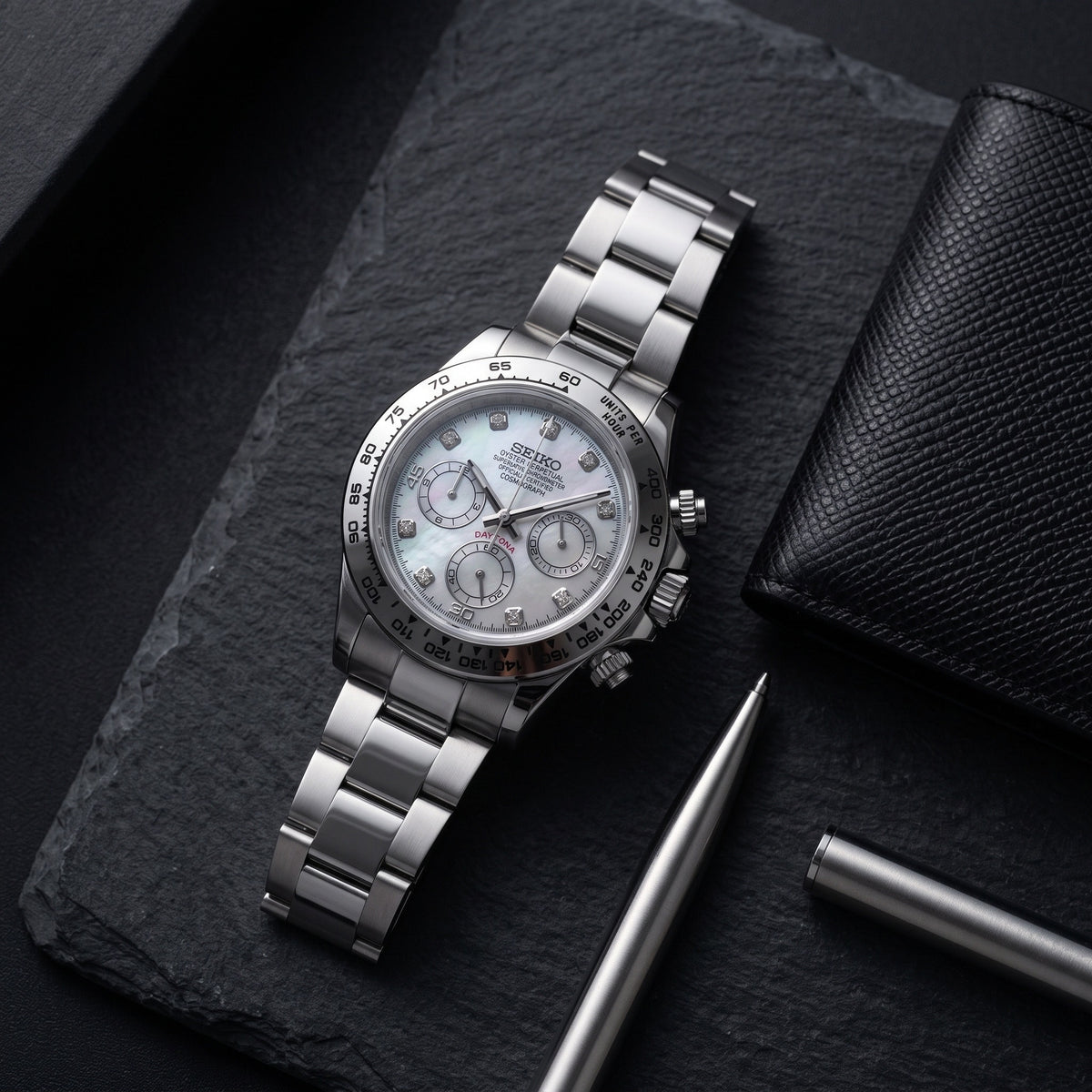 Tona Mod – Steel · Grey Marble Dial – 40mm – Chronograph – lifestyle flat lay
