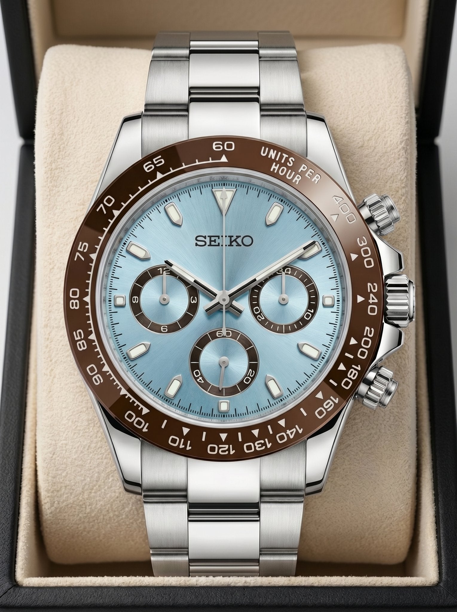 Tona Mod – Steel · Ice-Blue Brown-Bezel Dial – 40mm – Chronograph - in presentation box