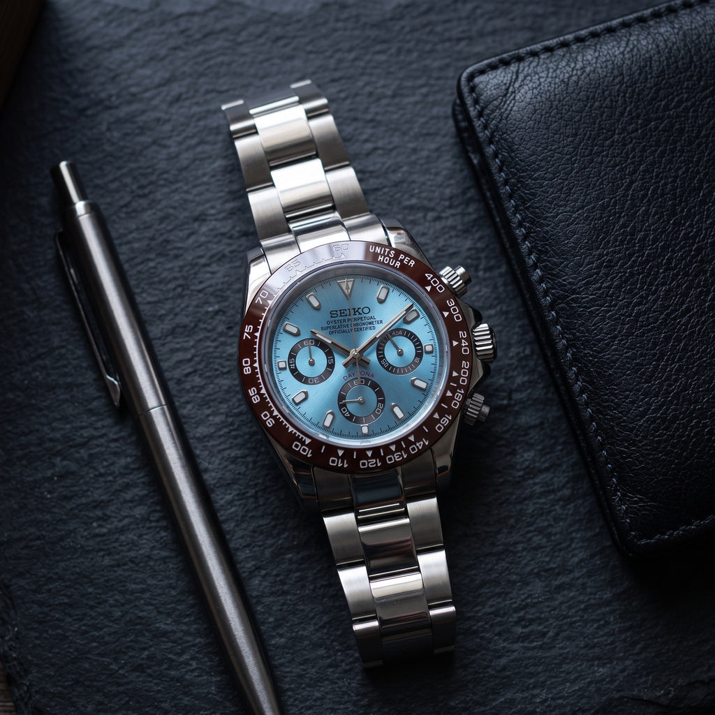 Tona Mod – Steel · Ice-Blue Brown-Bezel Dial – 40mm – Chronograph – lifestyle flat lay