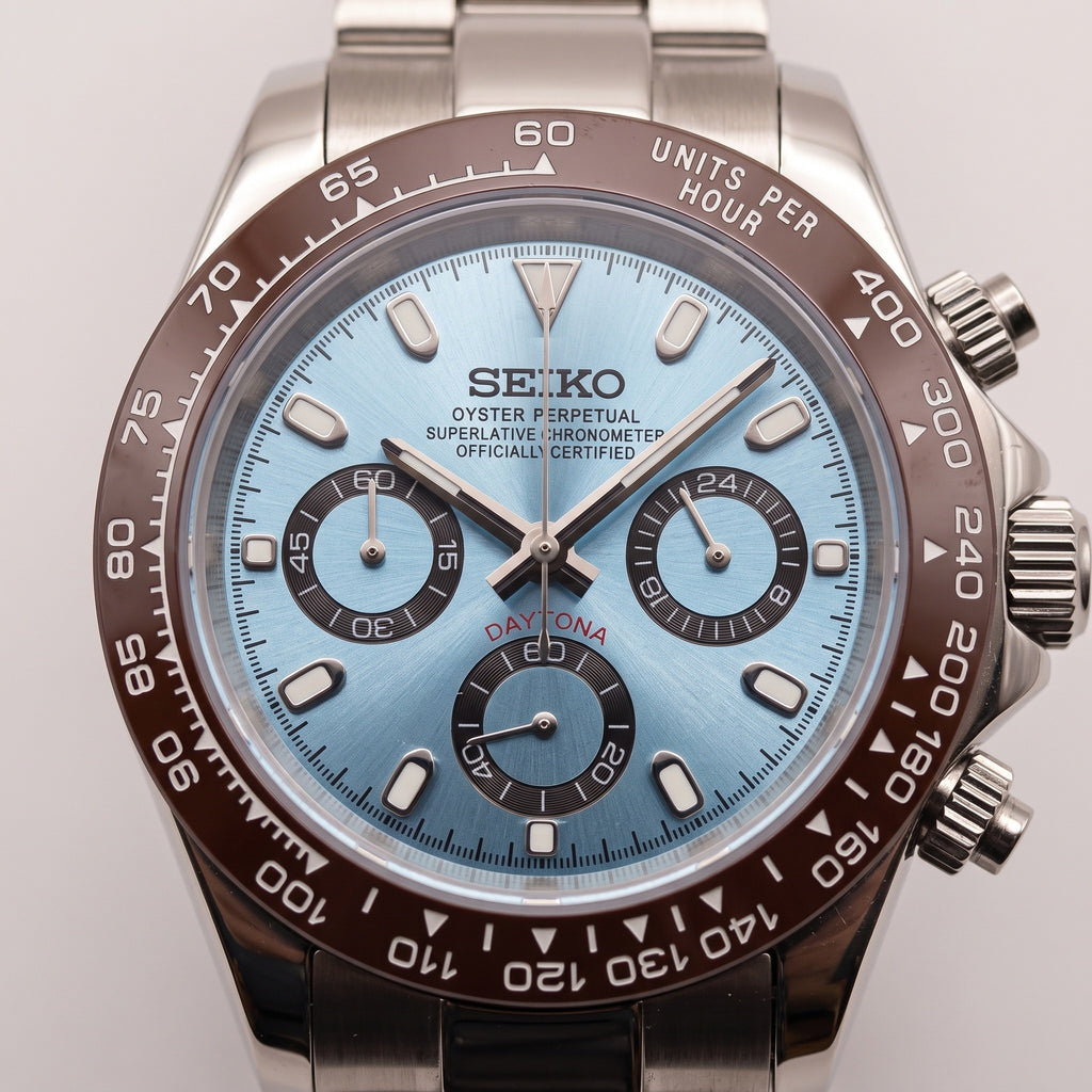Tona Mod – Steel · Ice-Blue Brown-Bezel Dial – 40mm – Chronograph – dial detail