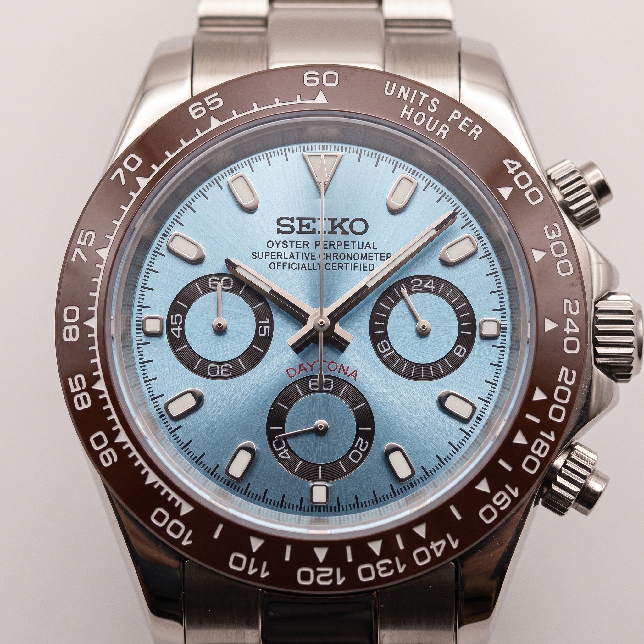 Tona Mod – Steel · Ice-Blue Brown-Bezel Dial – 40mm – Chronograph – dial detail