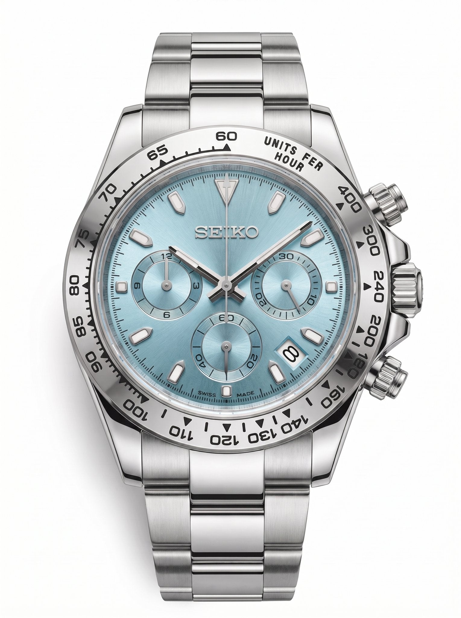 Tona Mod – Steel · Ice-Blue Dial – 40mm – Chronograph — with Seiko logo