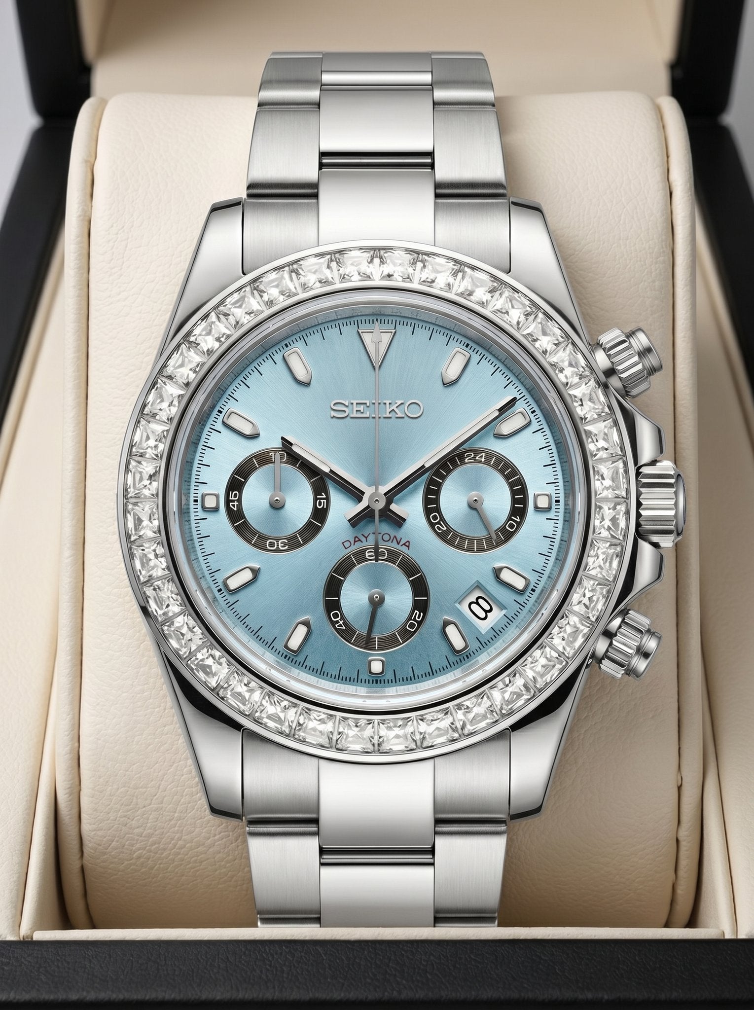 Tona Mod – Steel · Ice-Blue Dial · Diamond Bezel – 40mm – Chronograph - in presentation box
