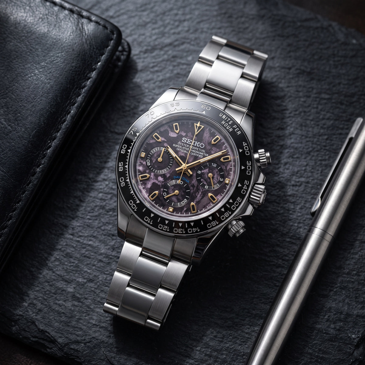 Tona Mod – Steel · Purple Marble Dial – 40mm – Chronograph – lifestyle flat lay