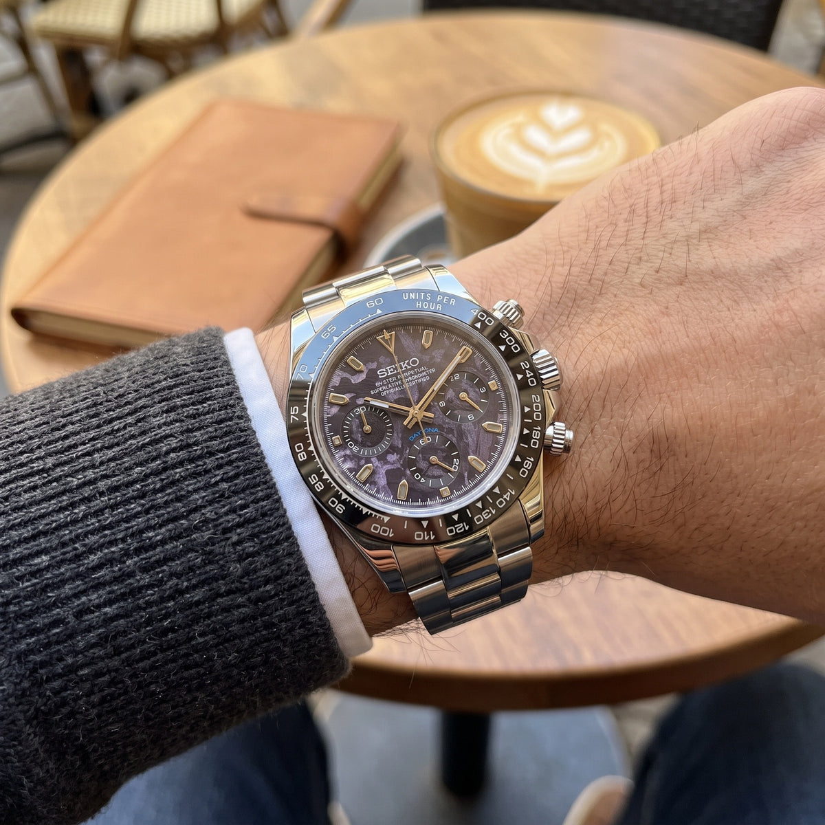 Tona Mod – Steel · Purple Marble Dial – 40mm – Chronograph – on-wrist view