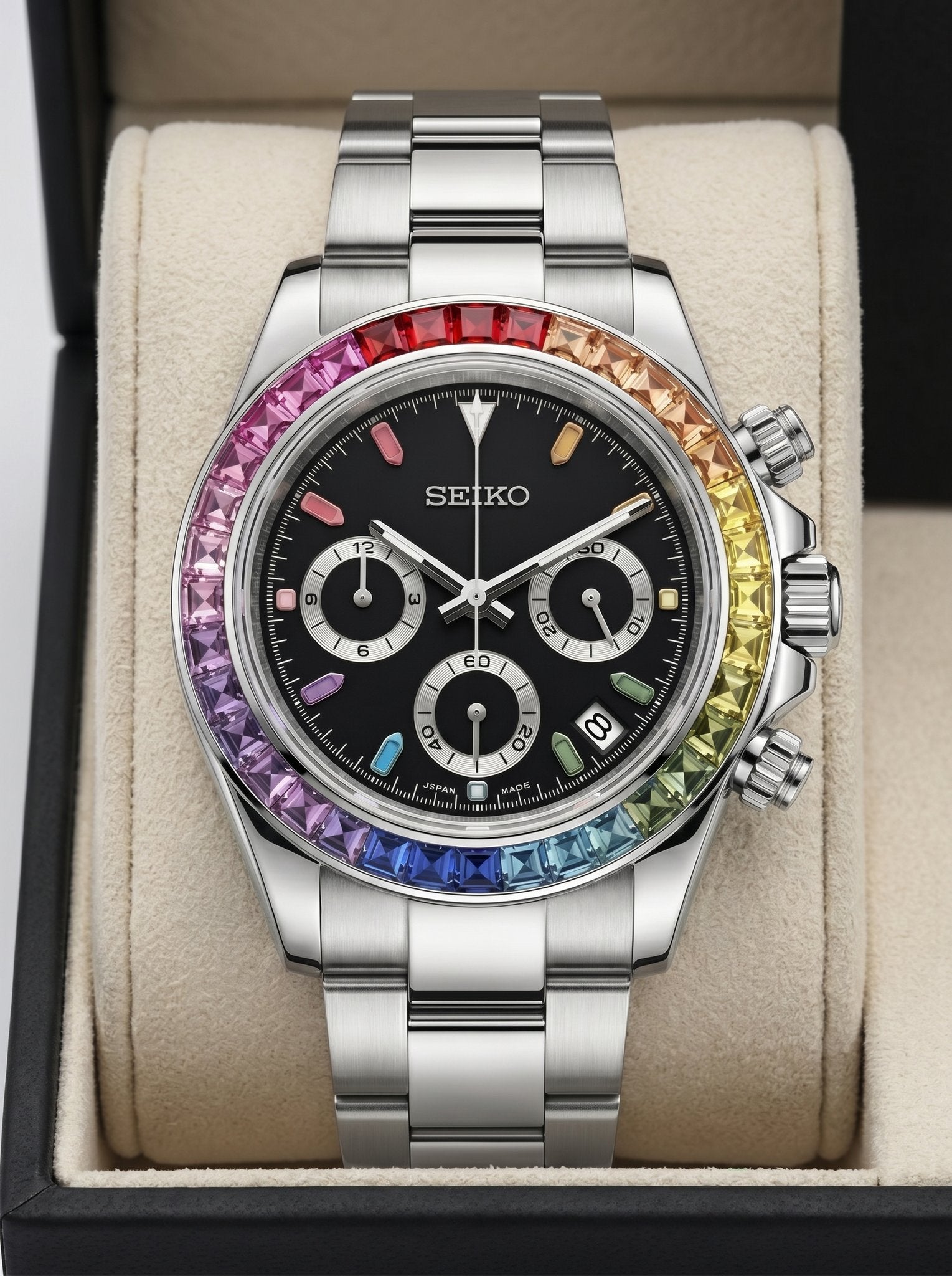 Tona Mod – Steel · Rainbow Bezel · Black Dial – 40mm – Chronograph - in presentation box