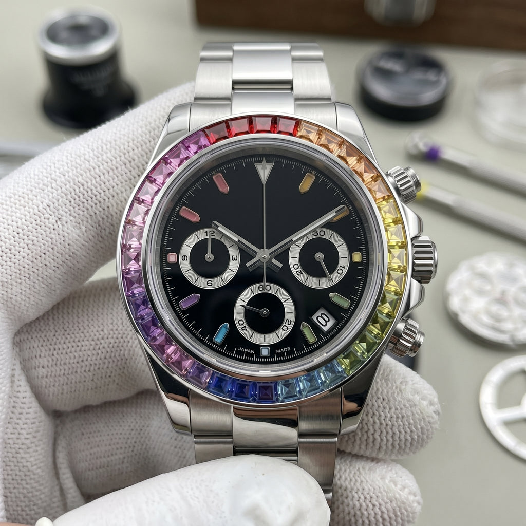 Tona Mod – Steel · Rainbow Bezel · Black Dial – 40mm – Chronograph - close-up detail
