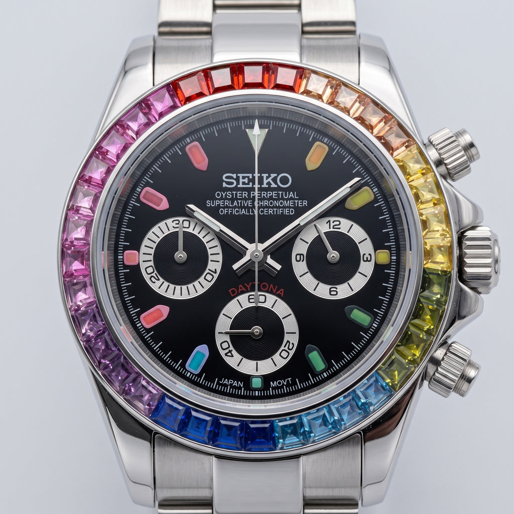 Tona Mod – Steel · Rainbow Bezel · Black Dial – 40mm – Chronograph – dial detail