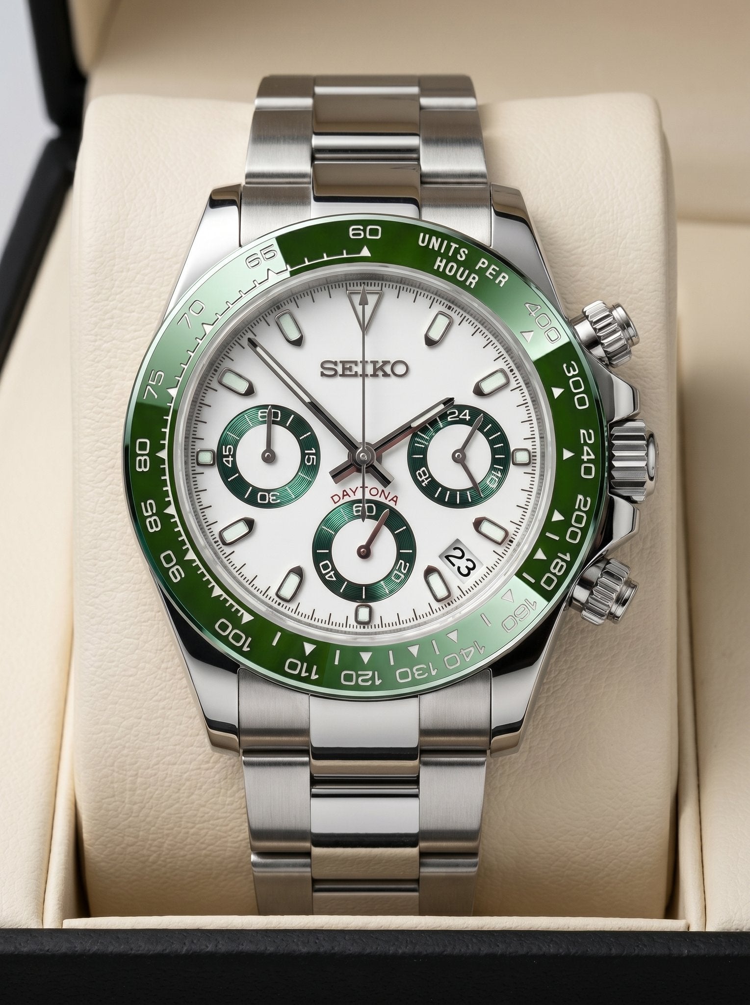 Tona Mod – Steel · White Green-Bezel Dial – 40mm – Chronograph - in presentation box
