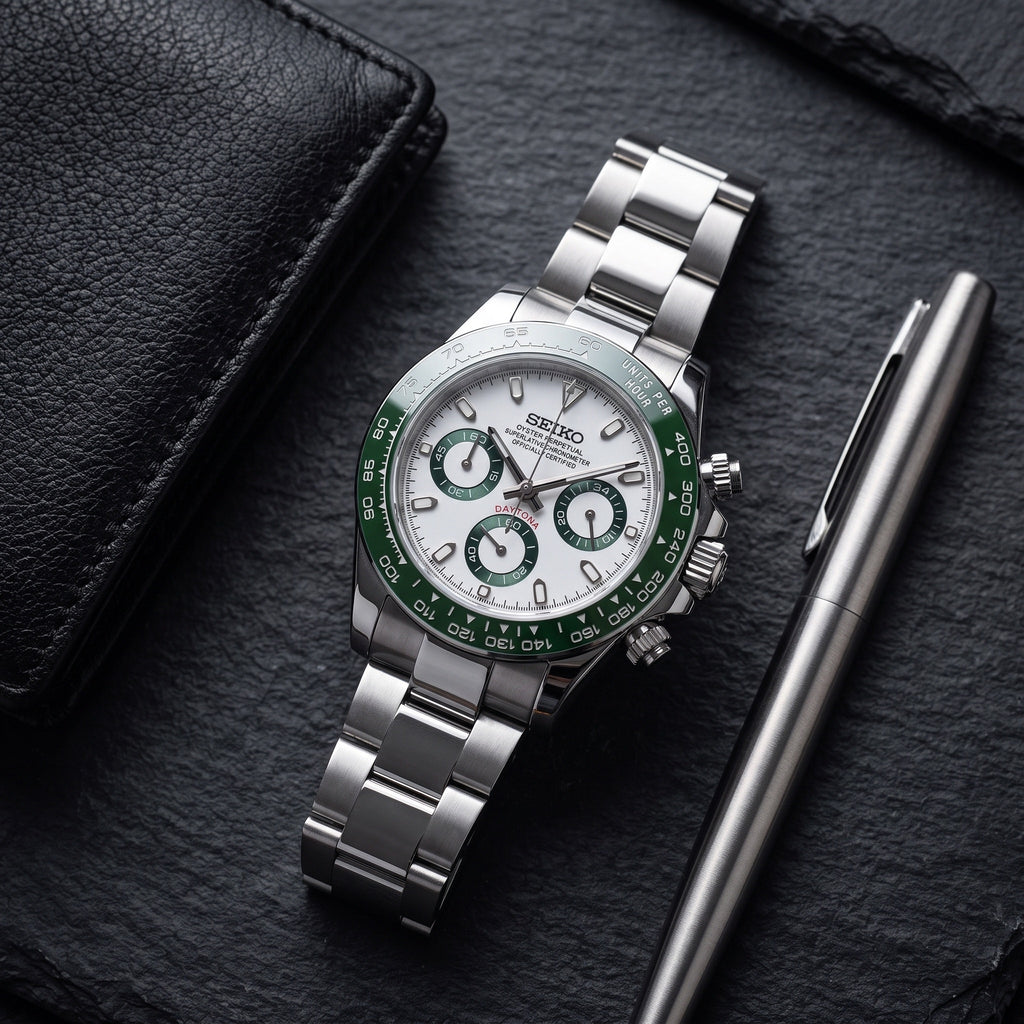 Tona Mod – Steel · White Green-Bezel Dial – 40mm – Chronograph – lifestyle flat lay