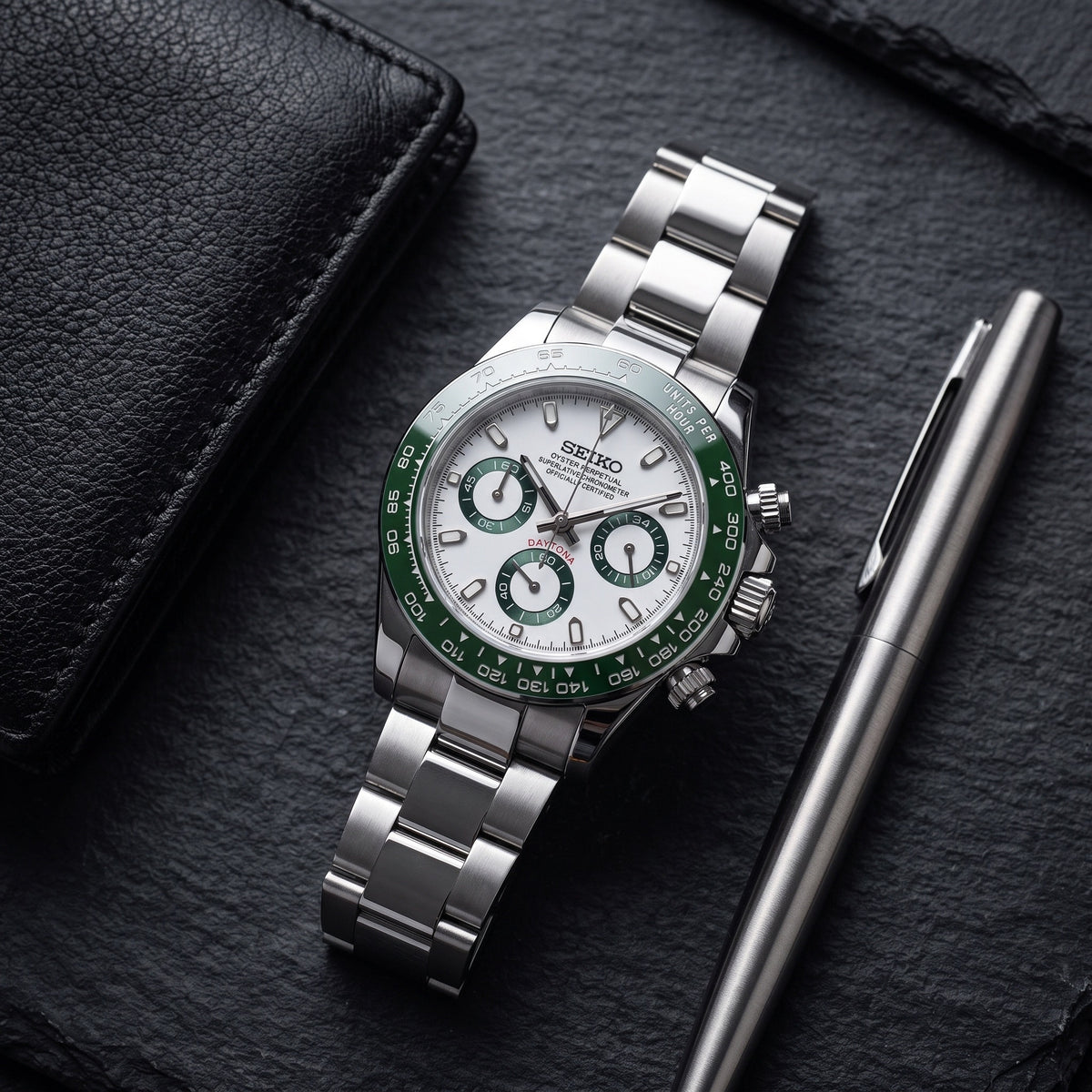 Tona Mod – Steel · White Green-Bezel Dial – 40mm – Chronograph – lifestyle flat lay