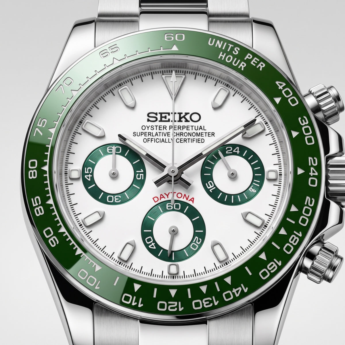 Tona Mod – Steel · White Green-Bezel Dial – 40mm – Chronograph – dial detail