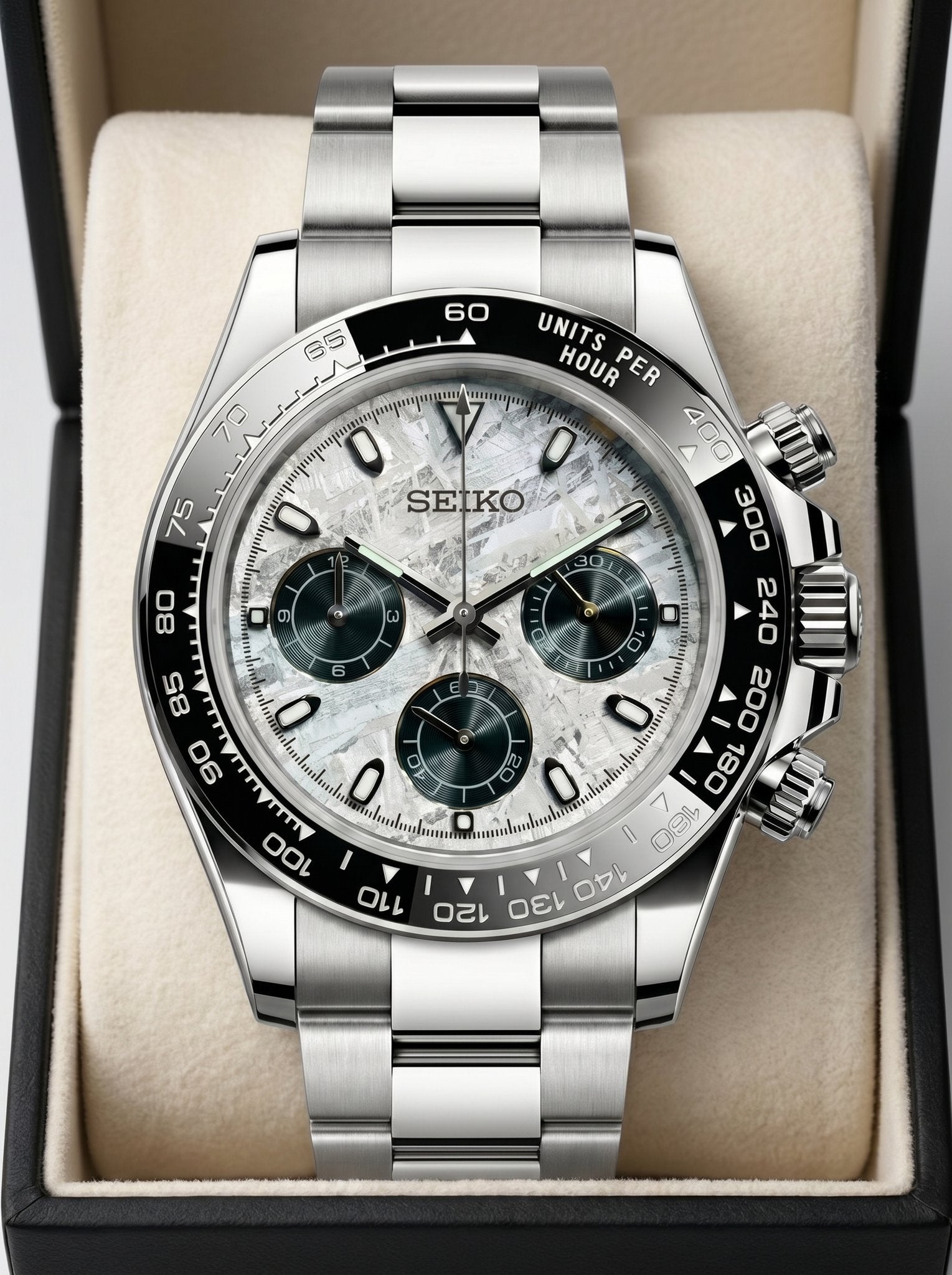 Tona Mod – Steel · White MOP Green Dial – 40mm – Chronograph - in presentation box