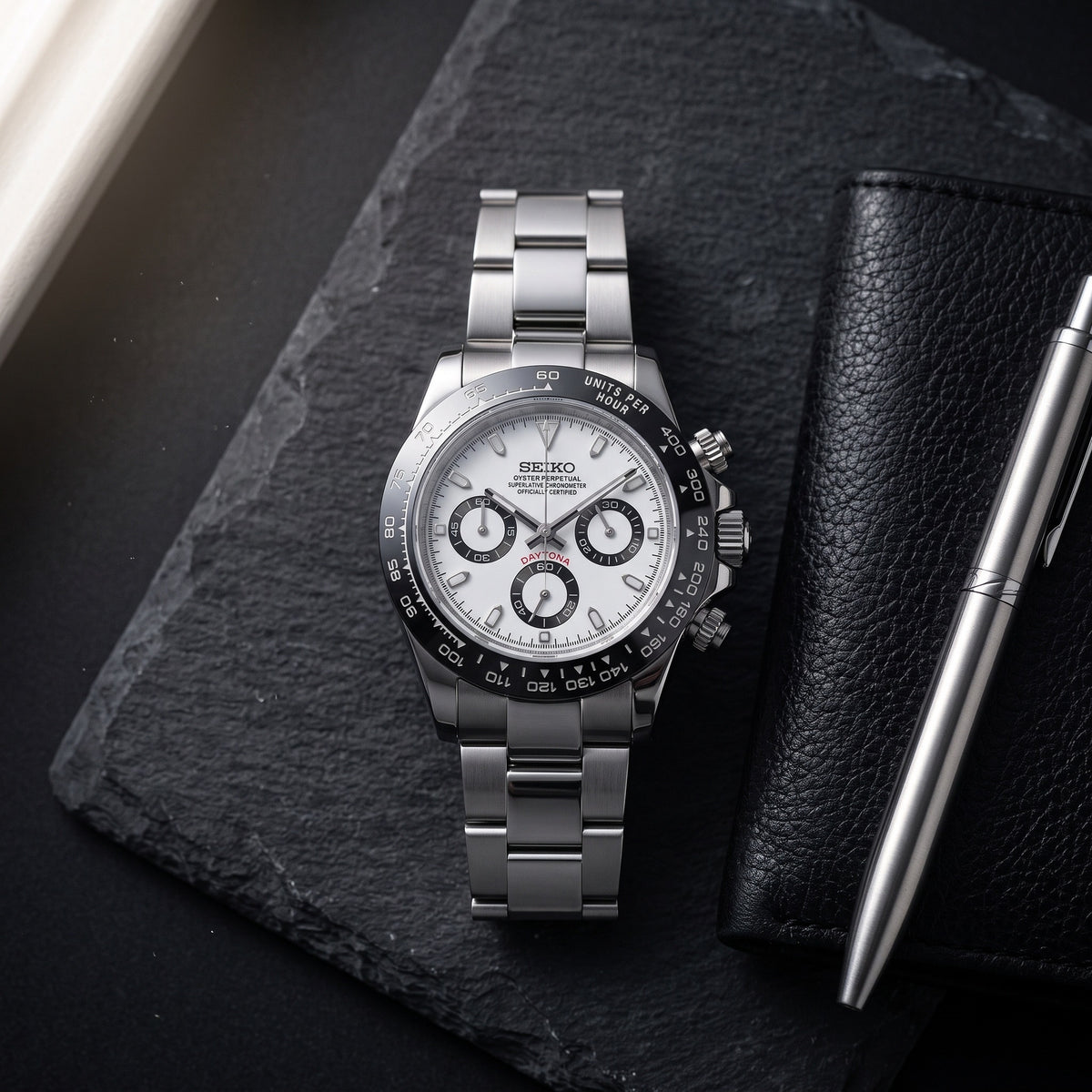 Tona Mod – Steel · White Panda Dial – 40mm – Chronograph – lifestyle flat lay