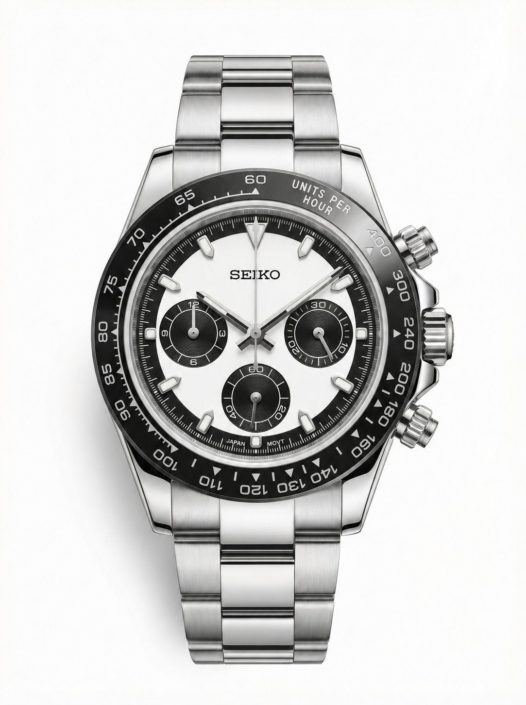 Tona Mod – Steel · White Panda Dial II – 40mm – Chronograph — with Seiko logo