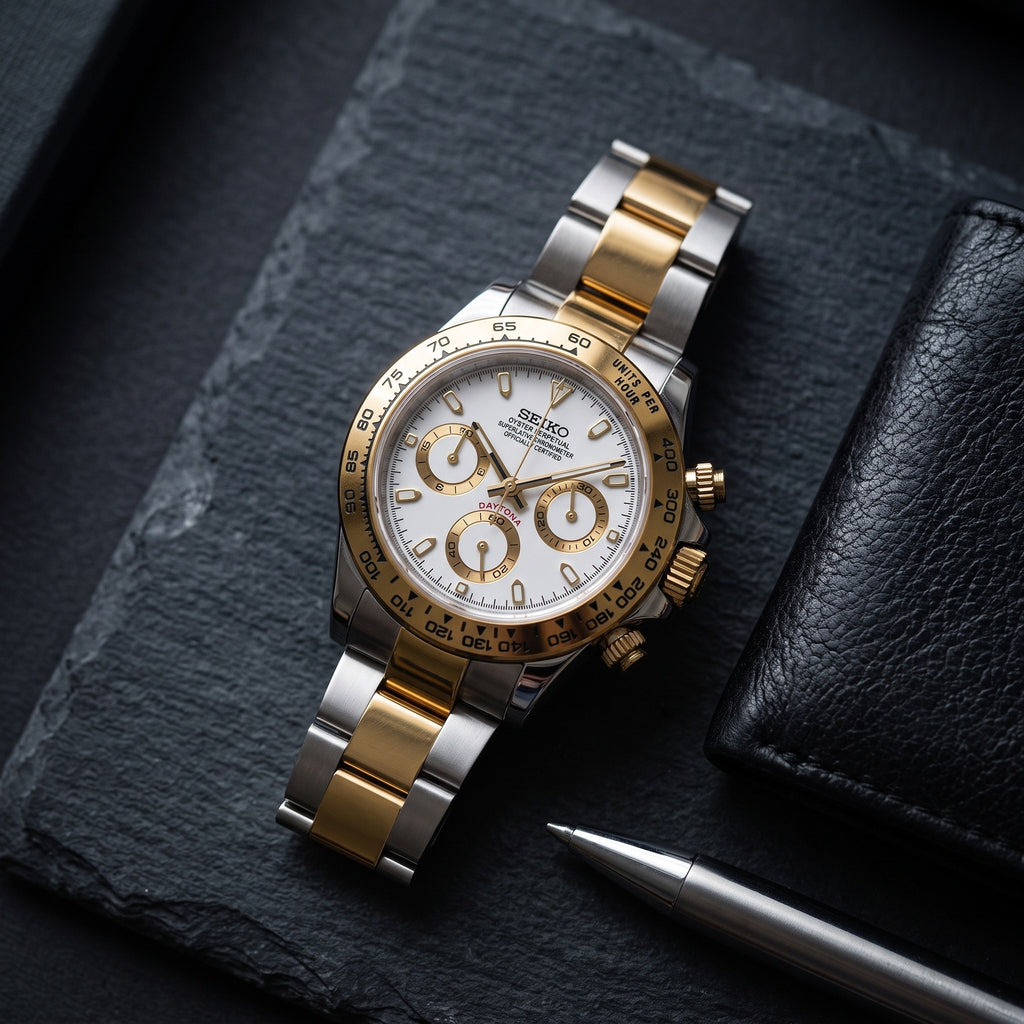 Tona Mod – Two-Tone Gold · White Dial – 40mm – Chronograph – lifestyle flat lay