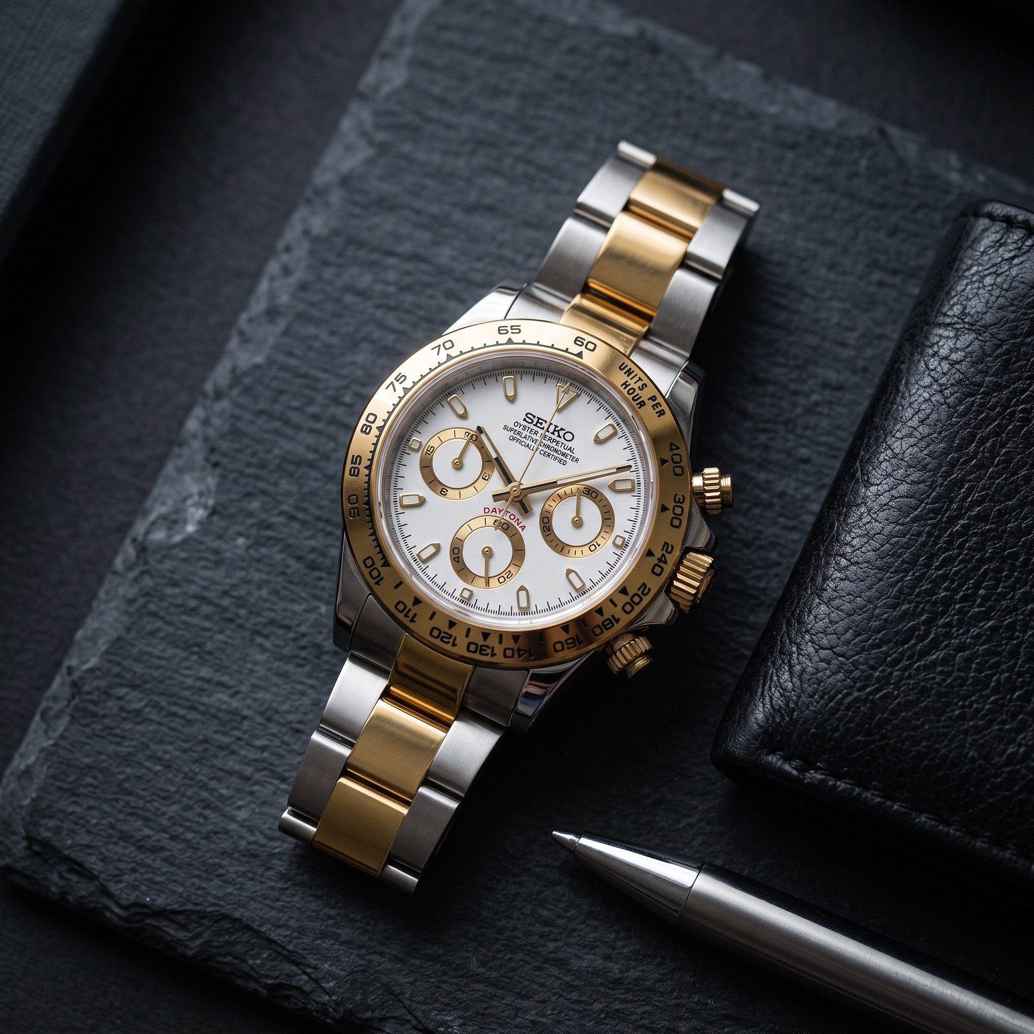 Tona Mod – Two-Tone Gold · White Dial – 40mm – Chronograph – lifestyle flat lay
