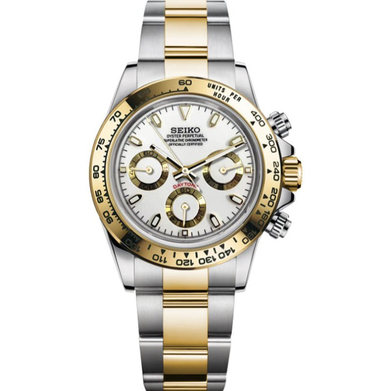 Tona Mod – Two-Tone Gold · White Dial – 40mm – Chronograph — with Seiko logo