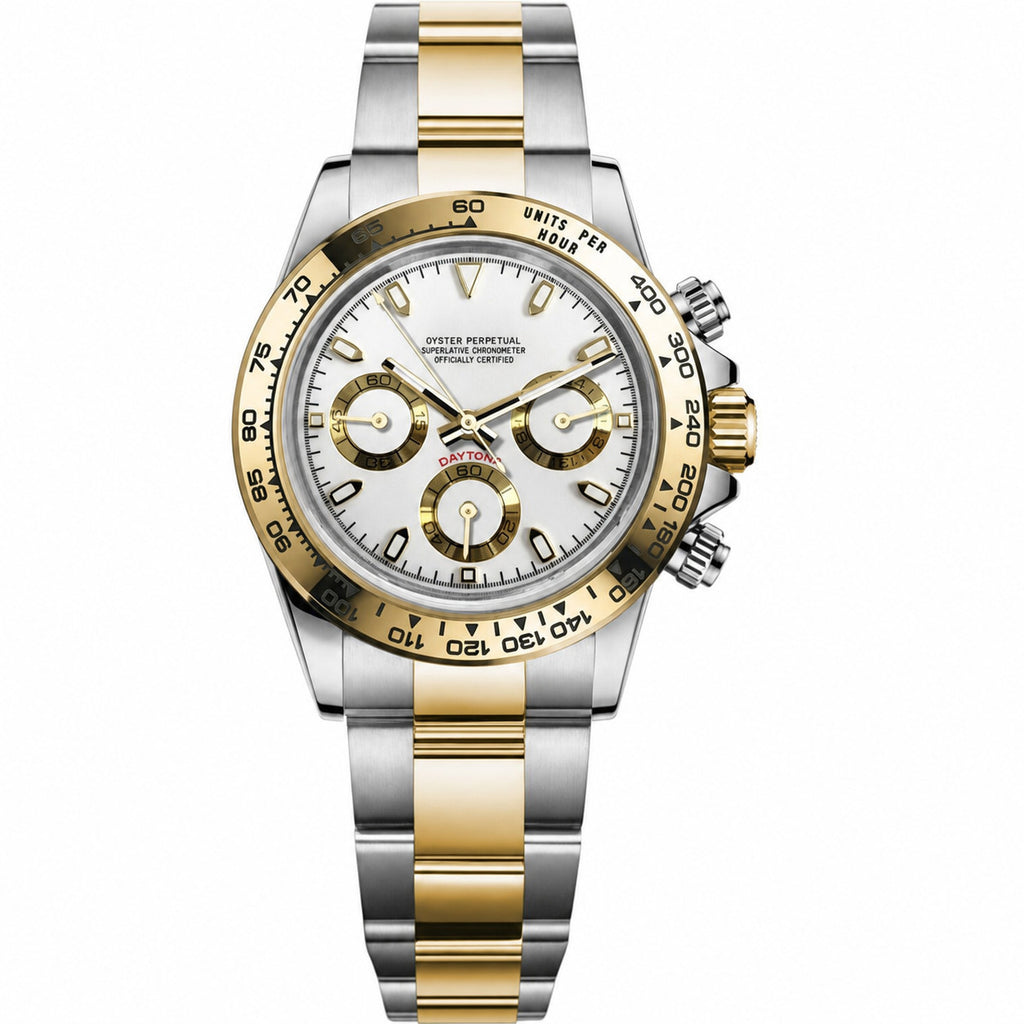 Tona Mod – Two-Tone Gold · White Dial · Rubber – 40mm – Chronograph - without Seiko logo