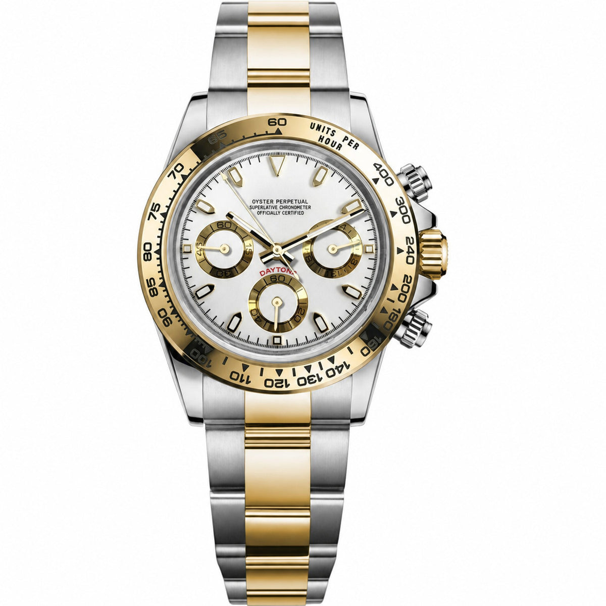 Tona Mod – Two-Tone Gold · White Dial · Rubber – 40mm – Chronograph - without Seiko logo