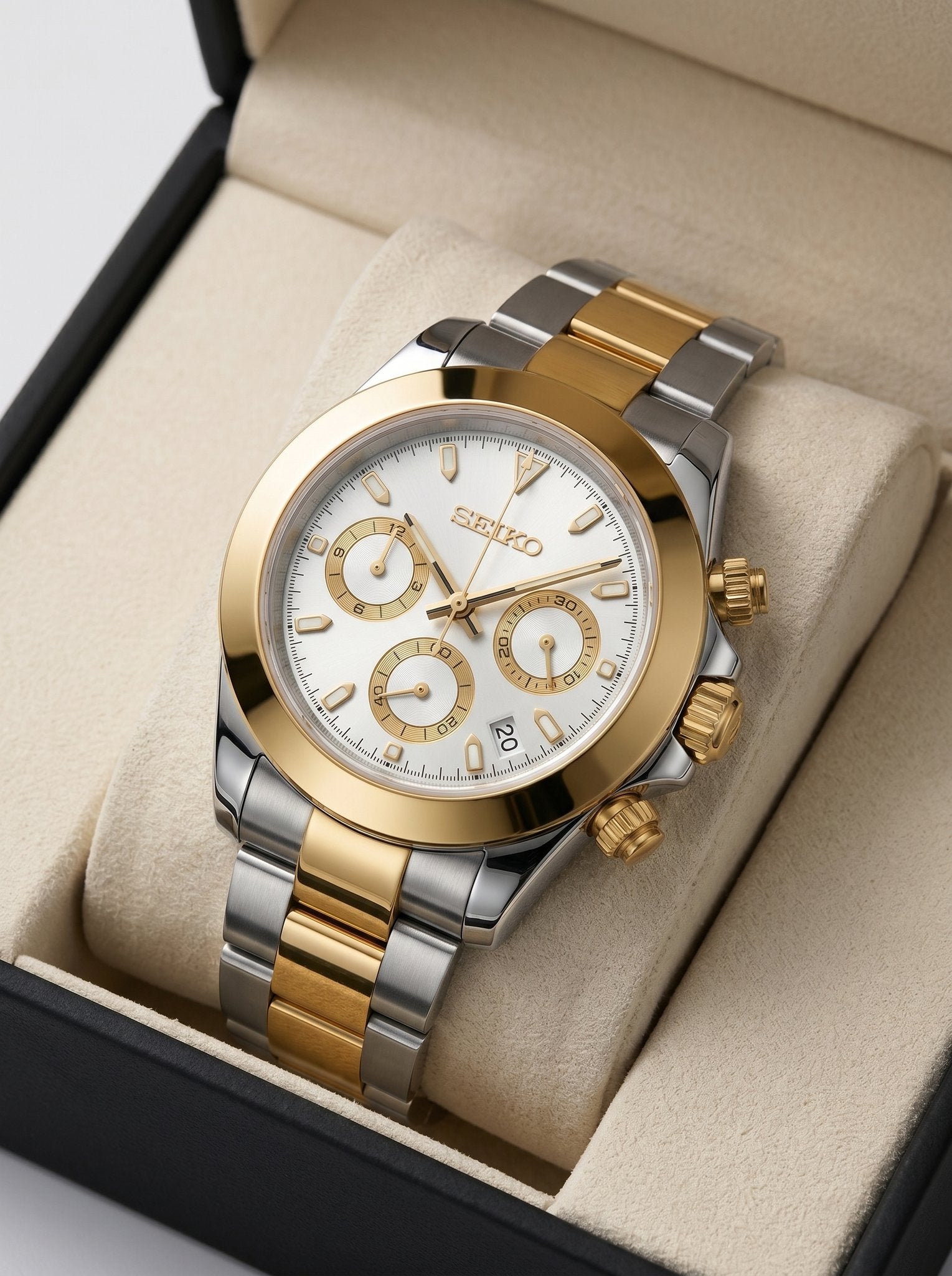 Tona Mod – Two-Tone Gold · White Dial · Rubber – 40mm – Chronograph - in presentation box